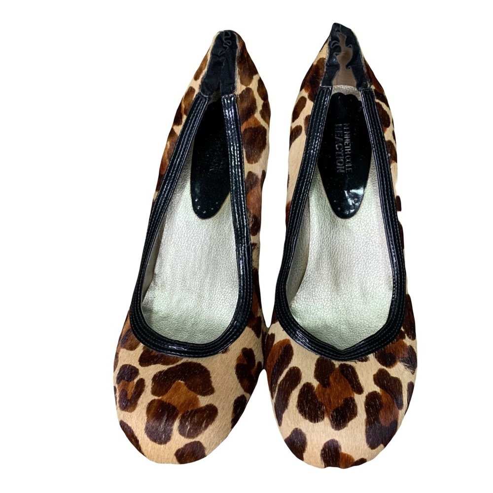 KENNETH COLE LEOPARD PRINT CALF / PONY HAIR STYLE WEDGE HEELS.